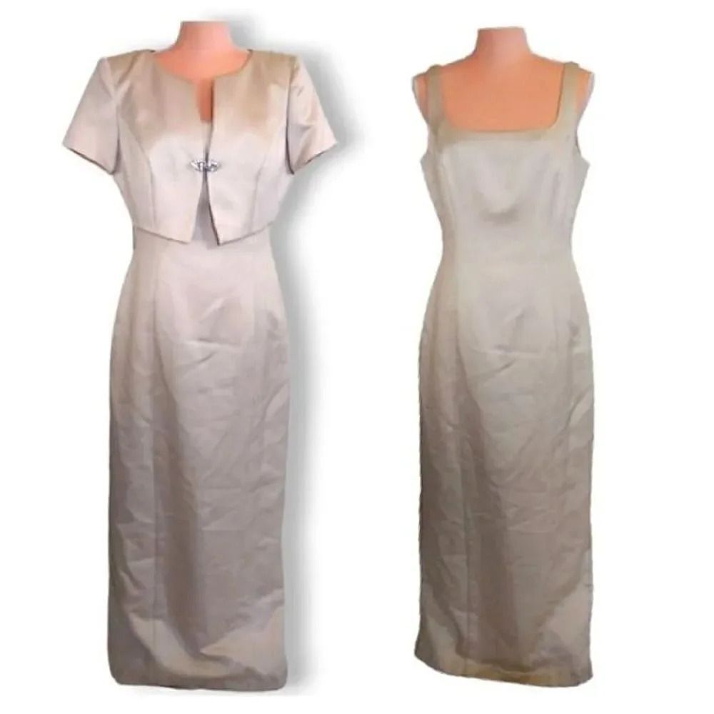 80s Ivory Satin Sleeveless Evening Dress w/ Jeweled Bolero Sz‎ 12 *Fits Med
